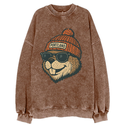 Oregon Beaver wearing Portland beanie with pom pom and wayfarer sunglasses - Vintage Sweatshirt - Brown