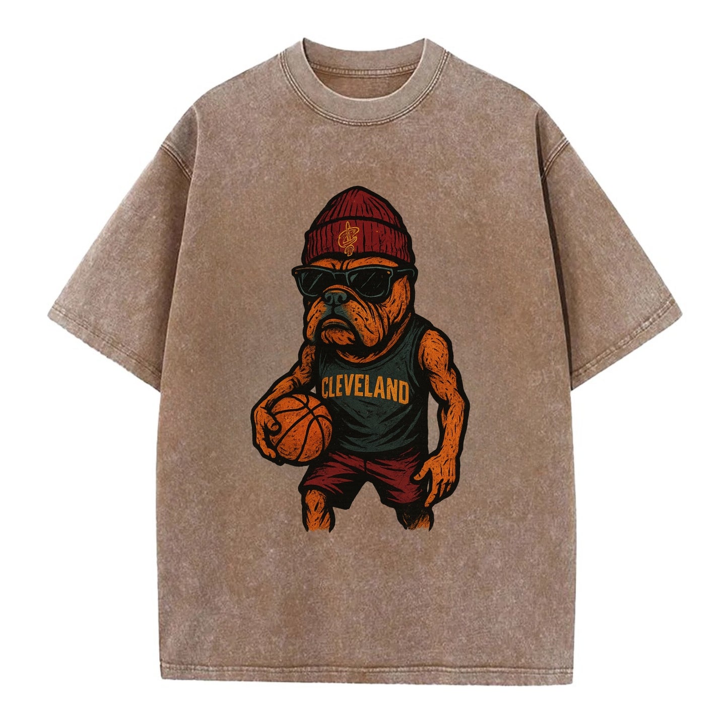 Cleveland Bulldog wearing Cavaliers wine and gold beanie with sword patch and - Vintage T-shirt - Brown