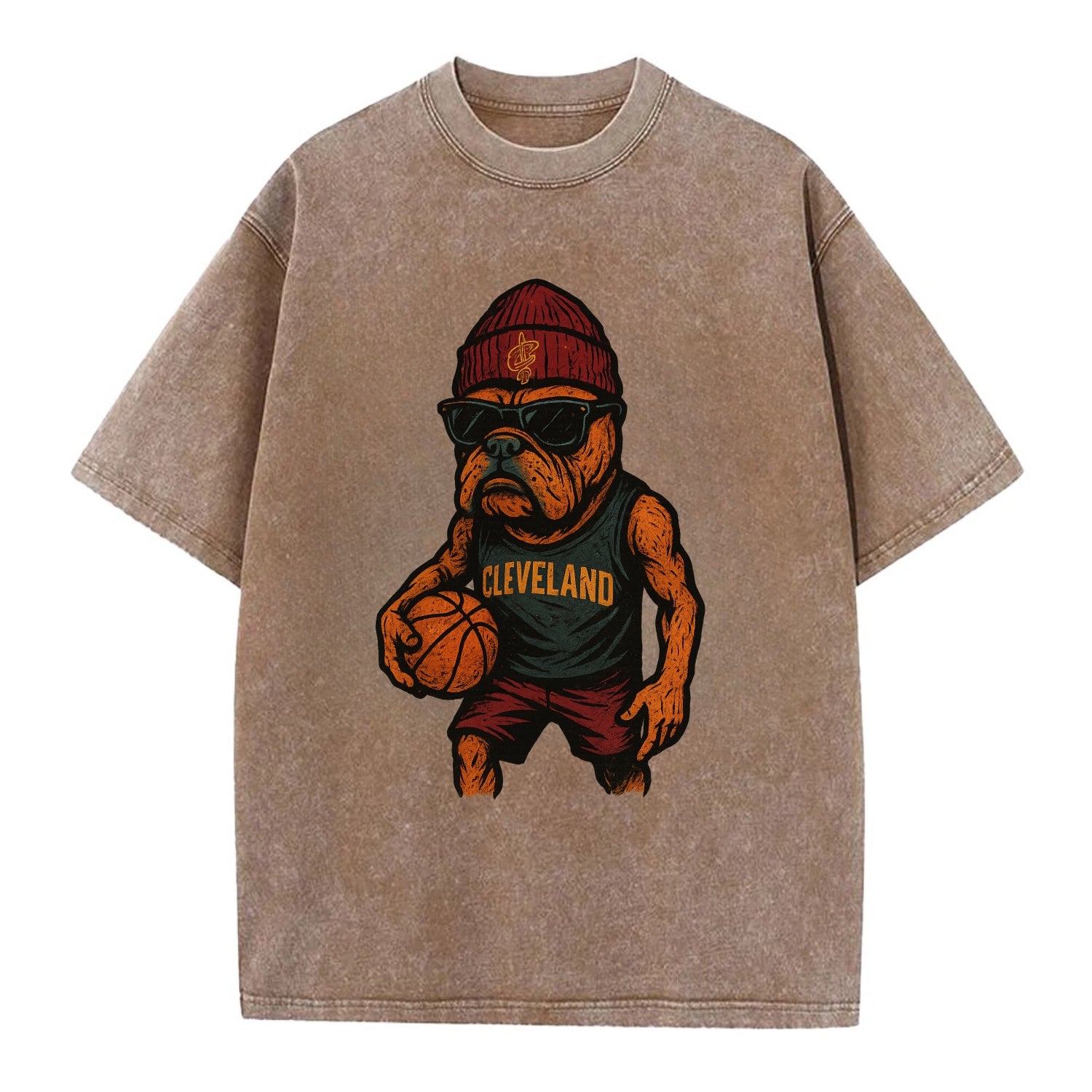 Cleveland Bulldog wearing Cavaliers wine and gold beanie with sword patch and - Vintage T-shirt - Brown