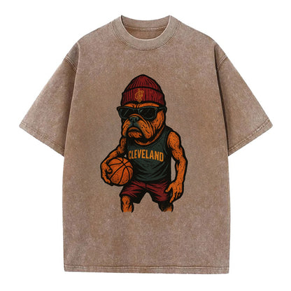 Cleveland Bulldog wearing Cavaliers wine and gold beanie with sword patch and - Vintage T-shirt - Brown