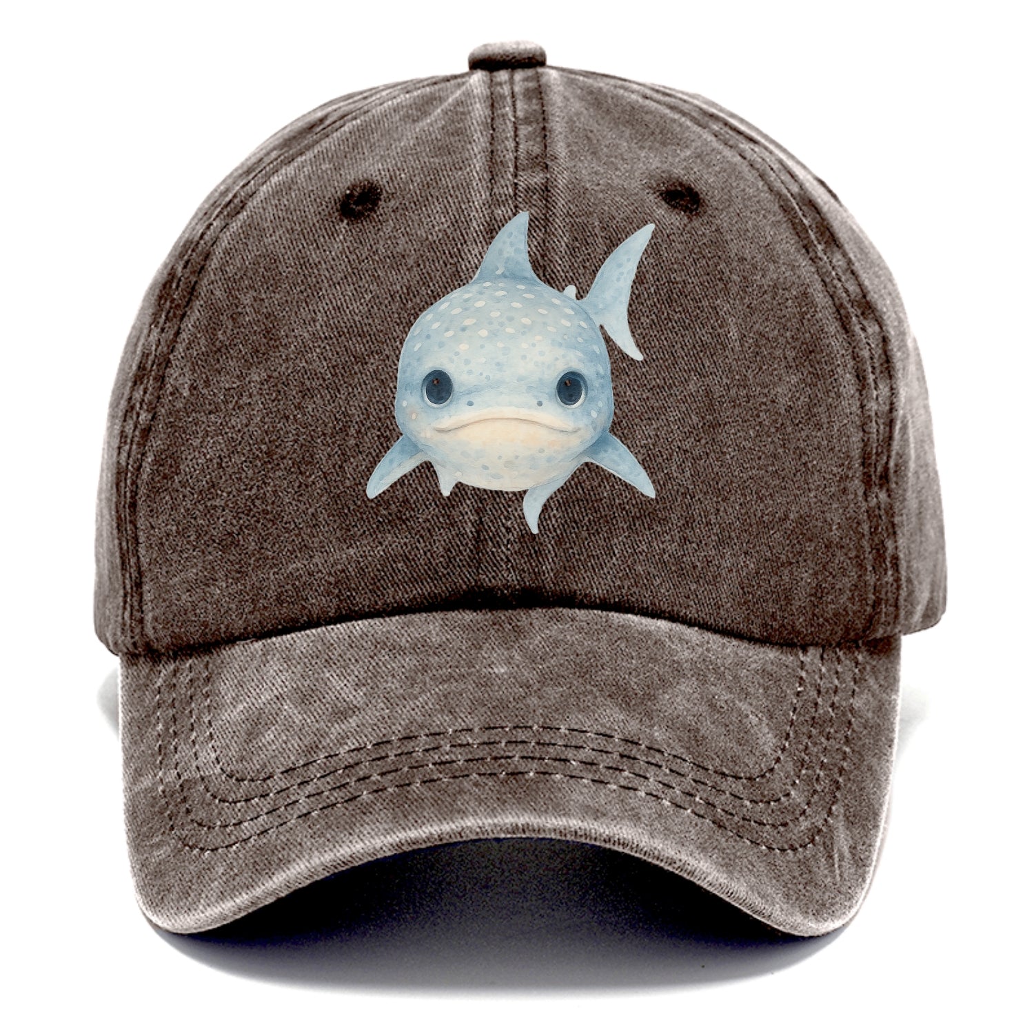 Baby Whale Shark - spotted blue-gray, wide mouth closed, tiny eyes, front-facing, - Classic Cap - Brown