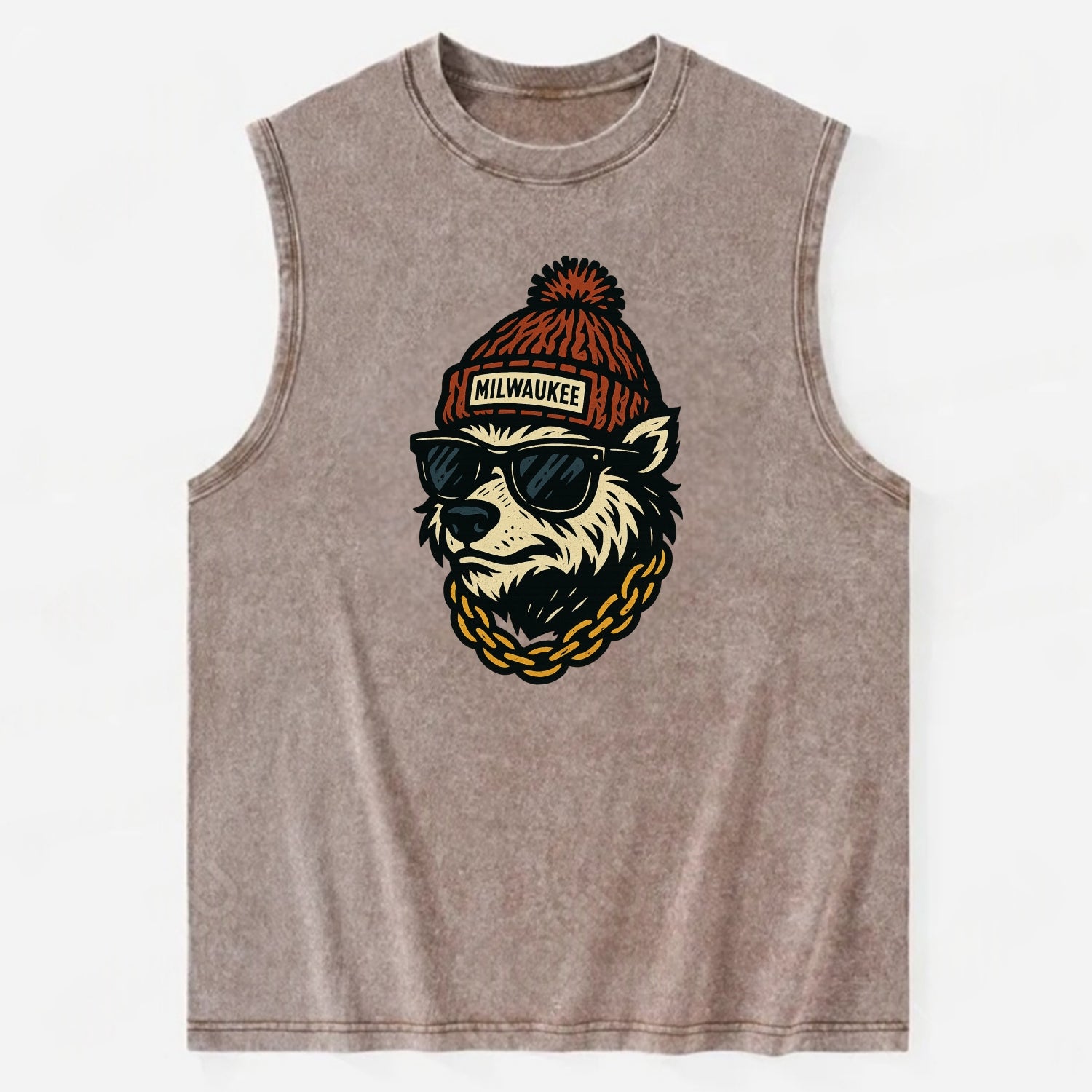 Milwaukee Badger wearing Milwaukee beanie with pom pom and wayfarer sunglasses - Vintage Washed Tank - Brown
