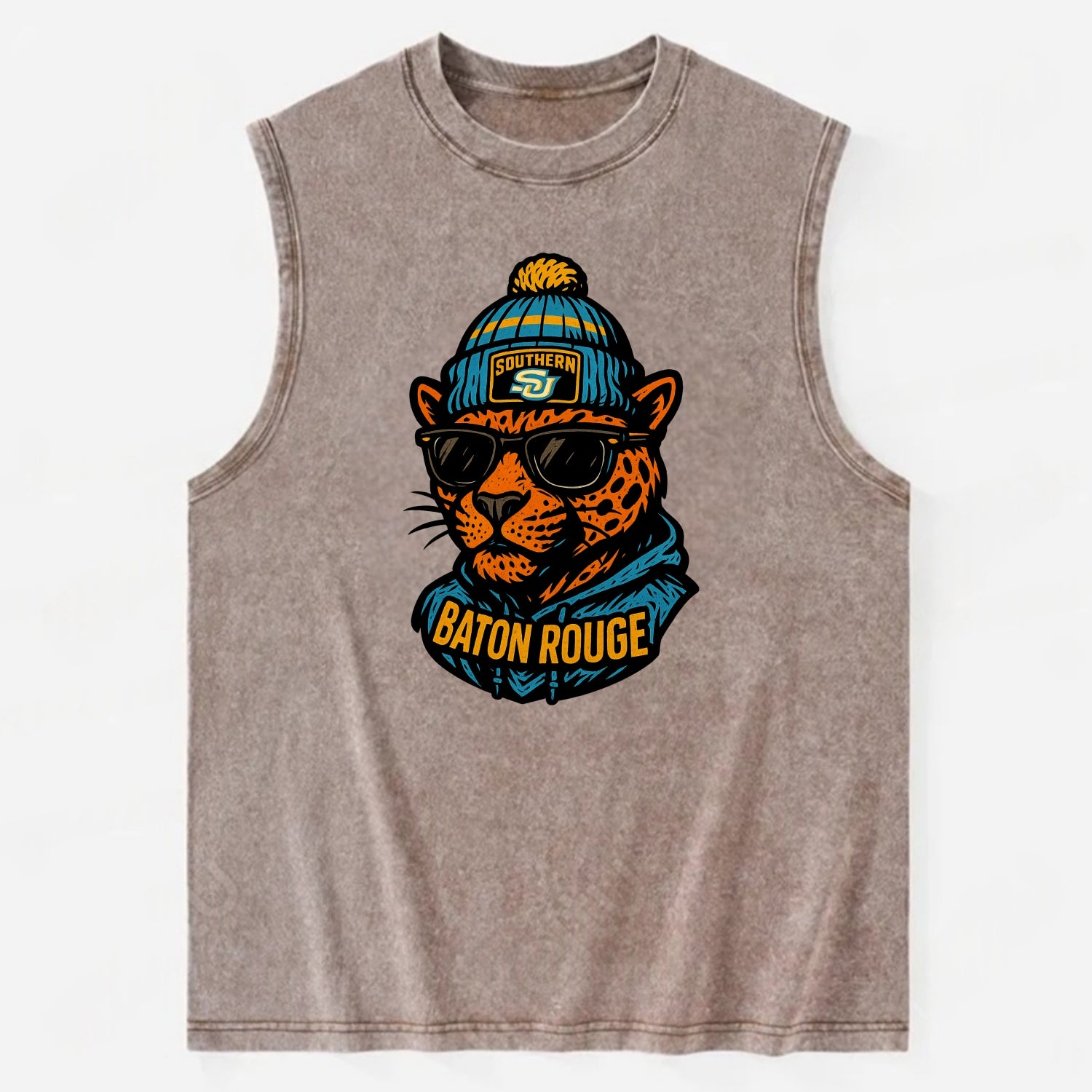 Baton Rouge Jaguar wearing Southern beanie with SU patch - Vintage Washed Tank - Brown