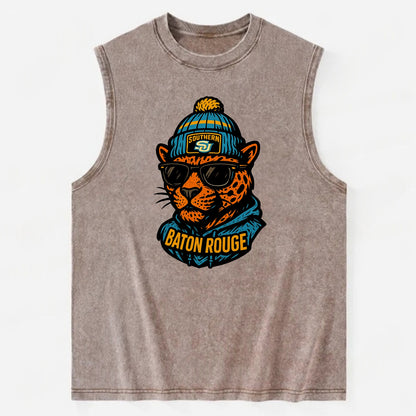 Baton Rouge Jaguar wearing Southern beanie with SU patch - Vintage Washed Tank - Brown