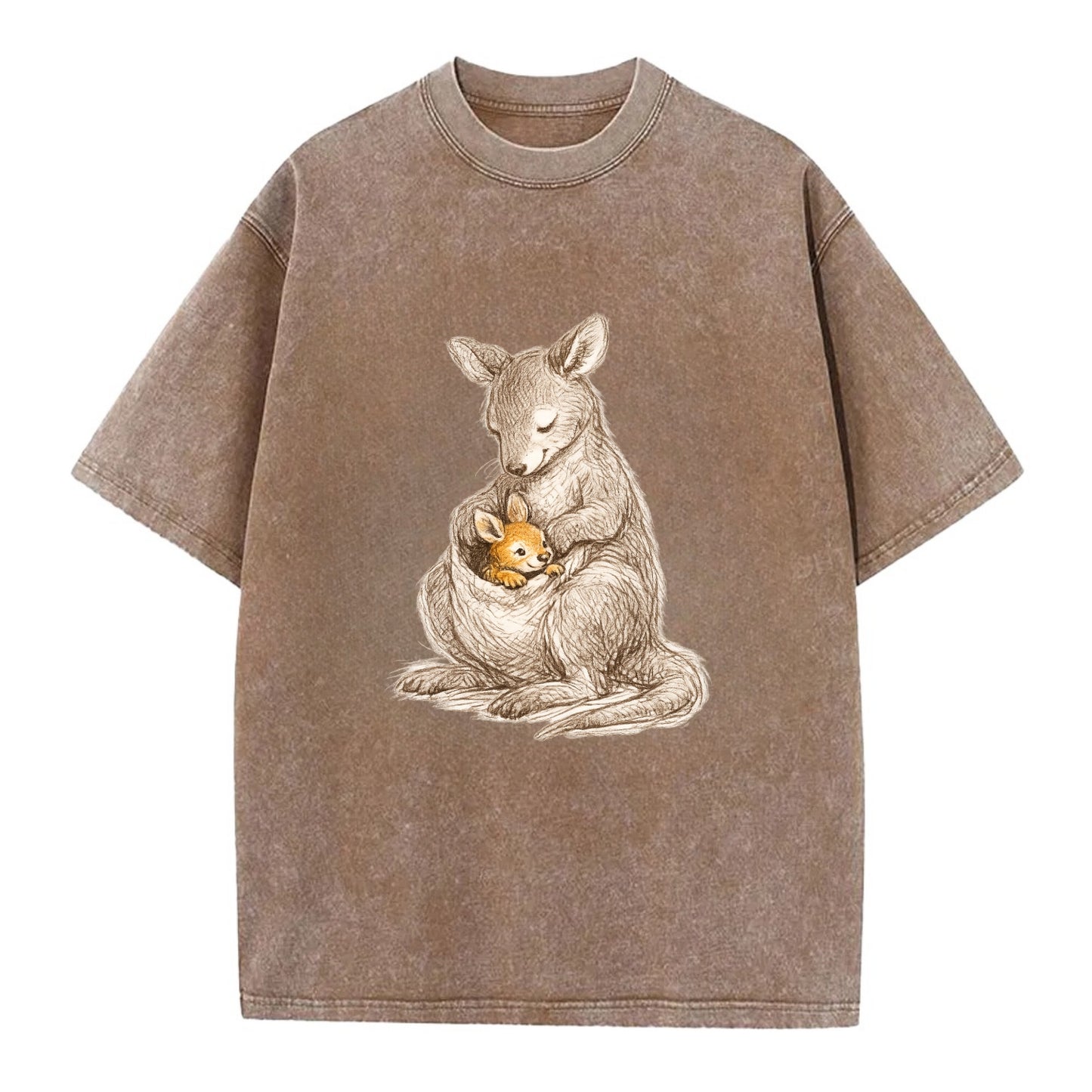 MOTHER'S POUCH | Kangaroo maternal embrace | Joey safe inside | Protective love | - Vintage T-shirt - Brown
