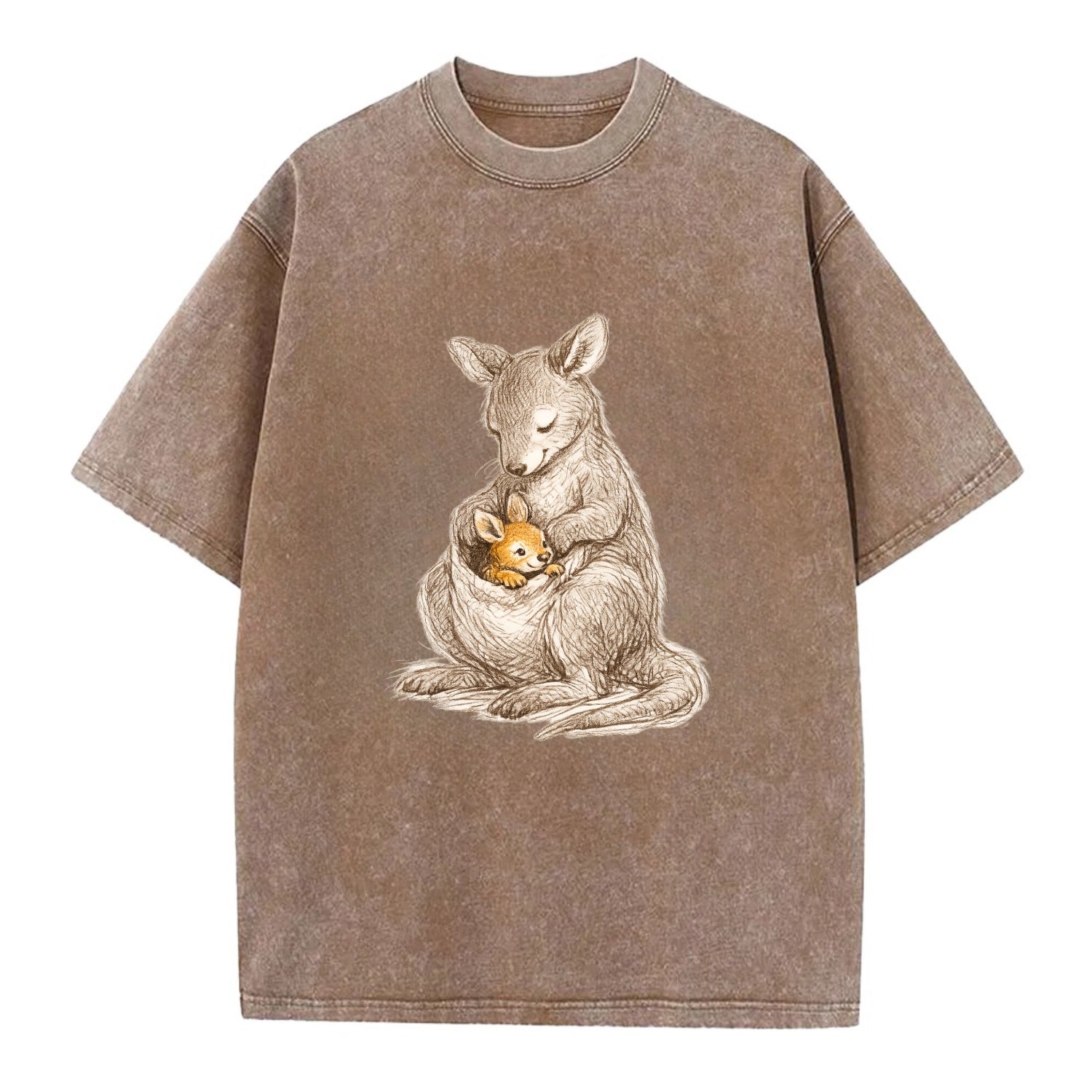 MOTHER'S POUCH | Kangaroo maternal embrace | Joey safe inside | Protective love | - Vintage T-shirt - Brown