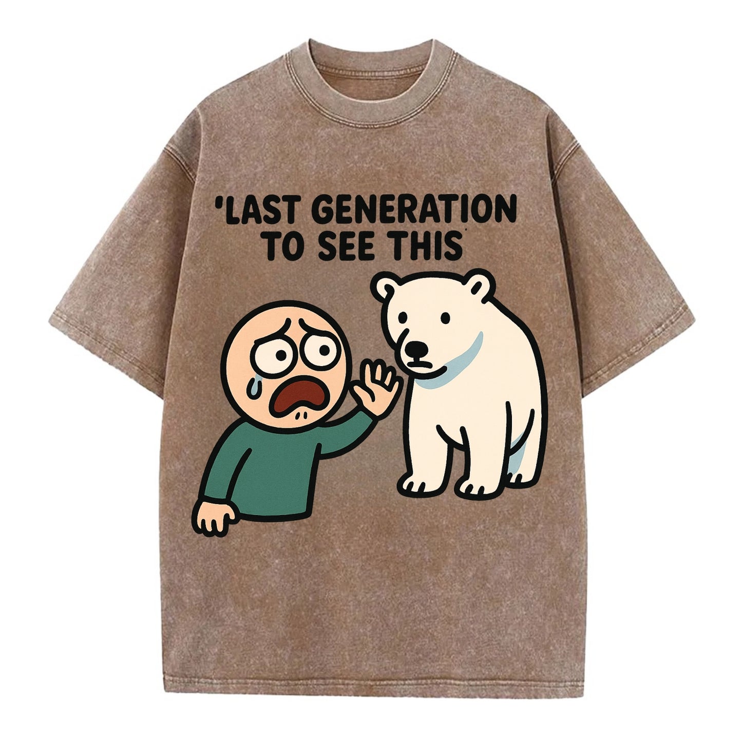 Person waving goodbye to polar bear - "Last generation to see this" - extinction - Vintage T-shirt - Brown