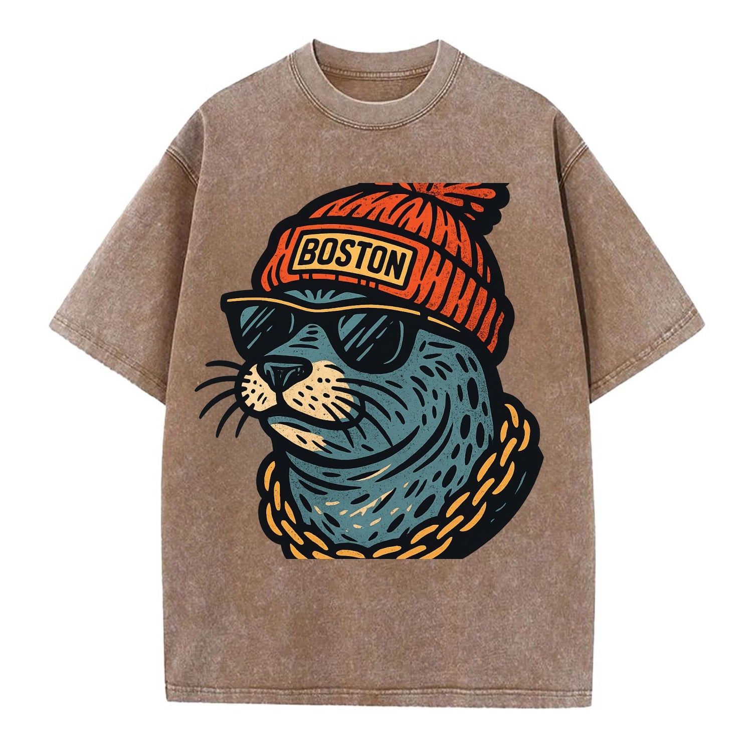 Boston Harbor Seal wearing Boston beanie with pom pom and wayfarer sunglasses - Vintage T-shirt - Brown