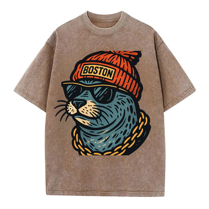 Boston Harbor Seal wearing Boston beanie with pom pom and wayfarer sunglasses - Vintage T-shirt - Brown