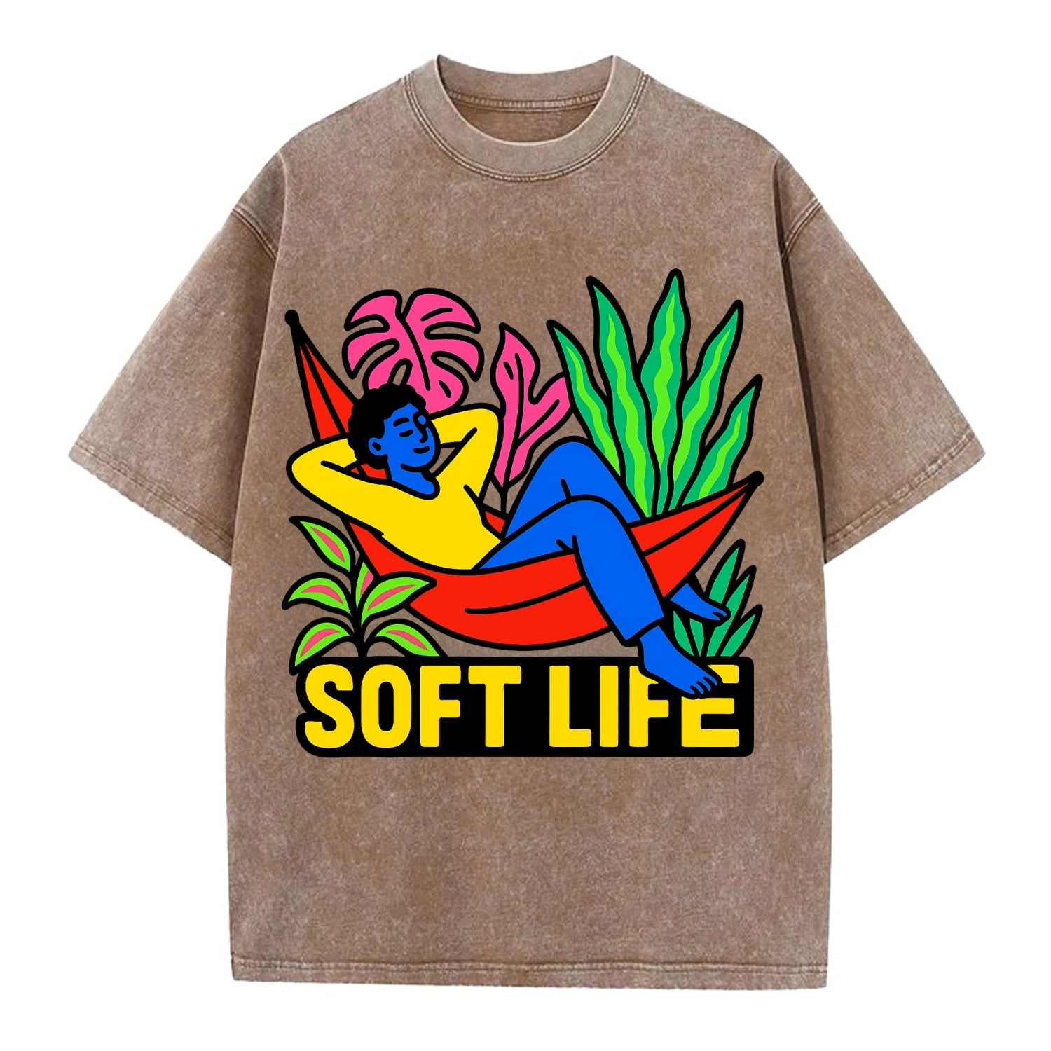 Person relaxing in hammock with plants - "soft life" aesthetic, peaceful living - Vintage T-shirt - Brown