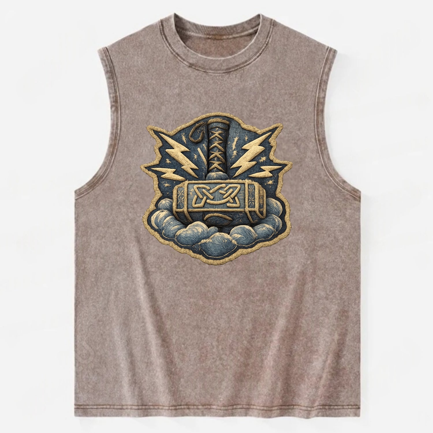 THOR HAMMER MJOLNIR - mighty hammer in silver and blue , thunder god - Vintage Washed Tank - Brown