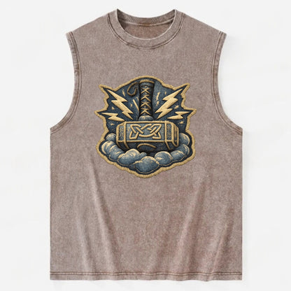 THOR HAMMER MJOLNIR - mighty hammer in silver and blue , thunder god - Vintage Washed Tank - Brown