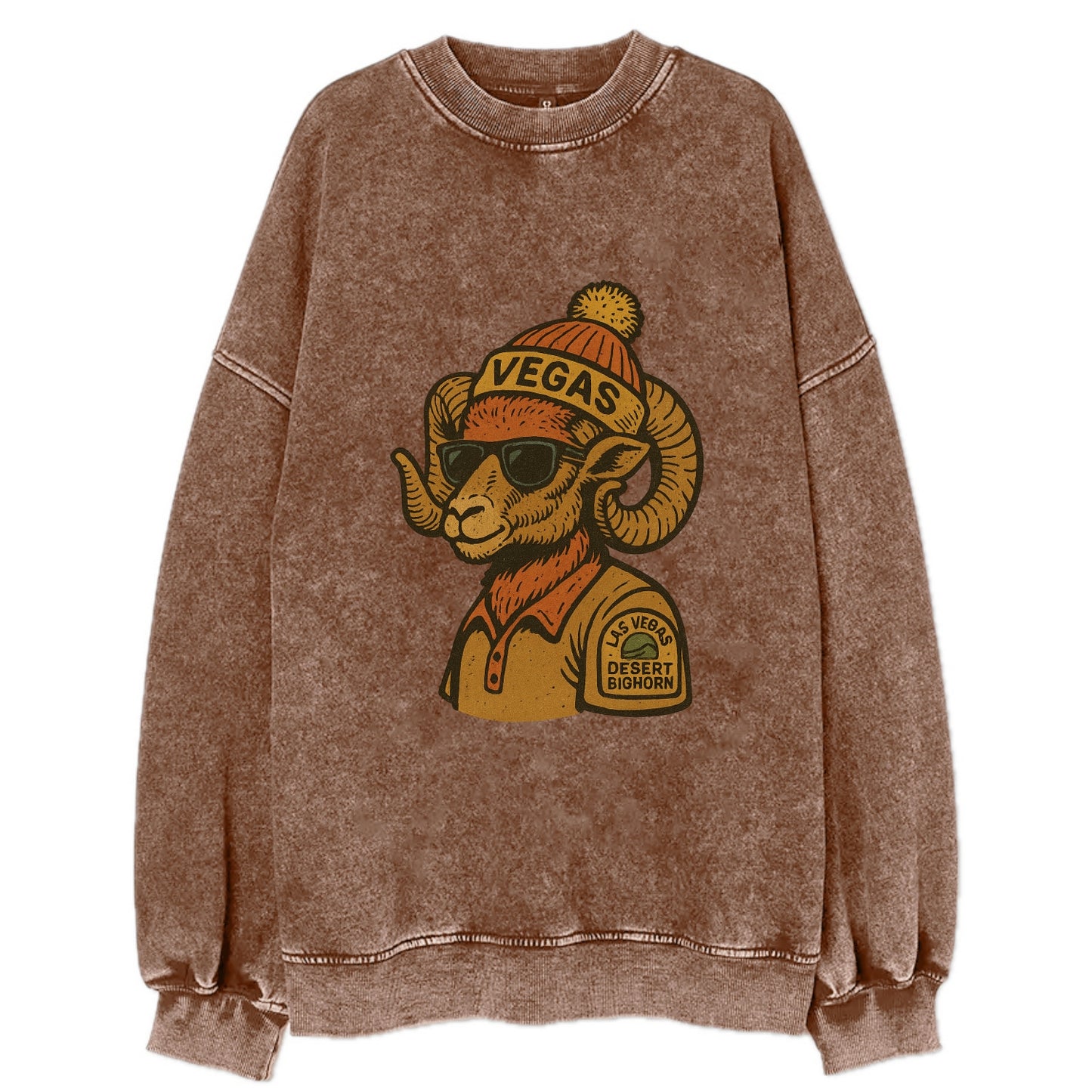 Las Vegas Desert Bighorn wearing Vegas beanie with pom pom and wayfarer - Vintage Sweatshirt - Brown