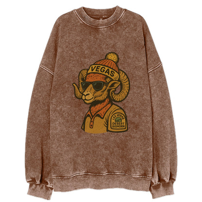 Las Vegas Desert Bighorn wearing Vegas beanie with pom pom and wayfarer - Vintage Sweatshirt - Brown