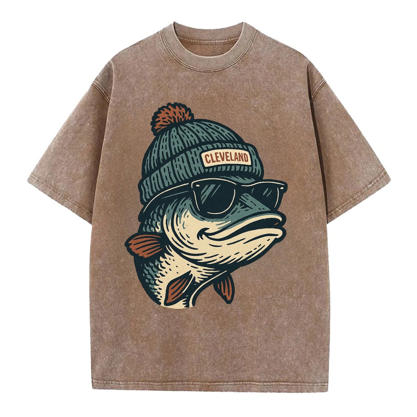 Cleveland Lake Erie Walleye wearing Cleveland beanie with pom pom and wayfarer - Vintage T-shirt - Brown