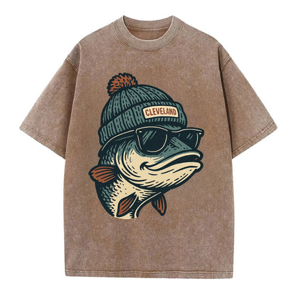Cleveland Lake Erie Walleye wearing Cleveland beanie with pom pom and wayfarer - Vintage T-shirt - Brown