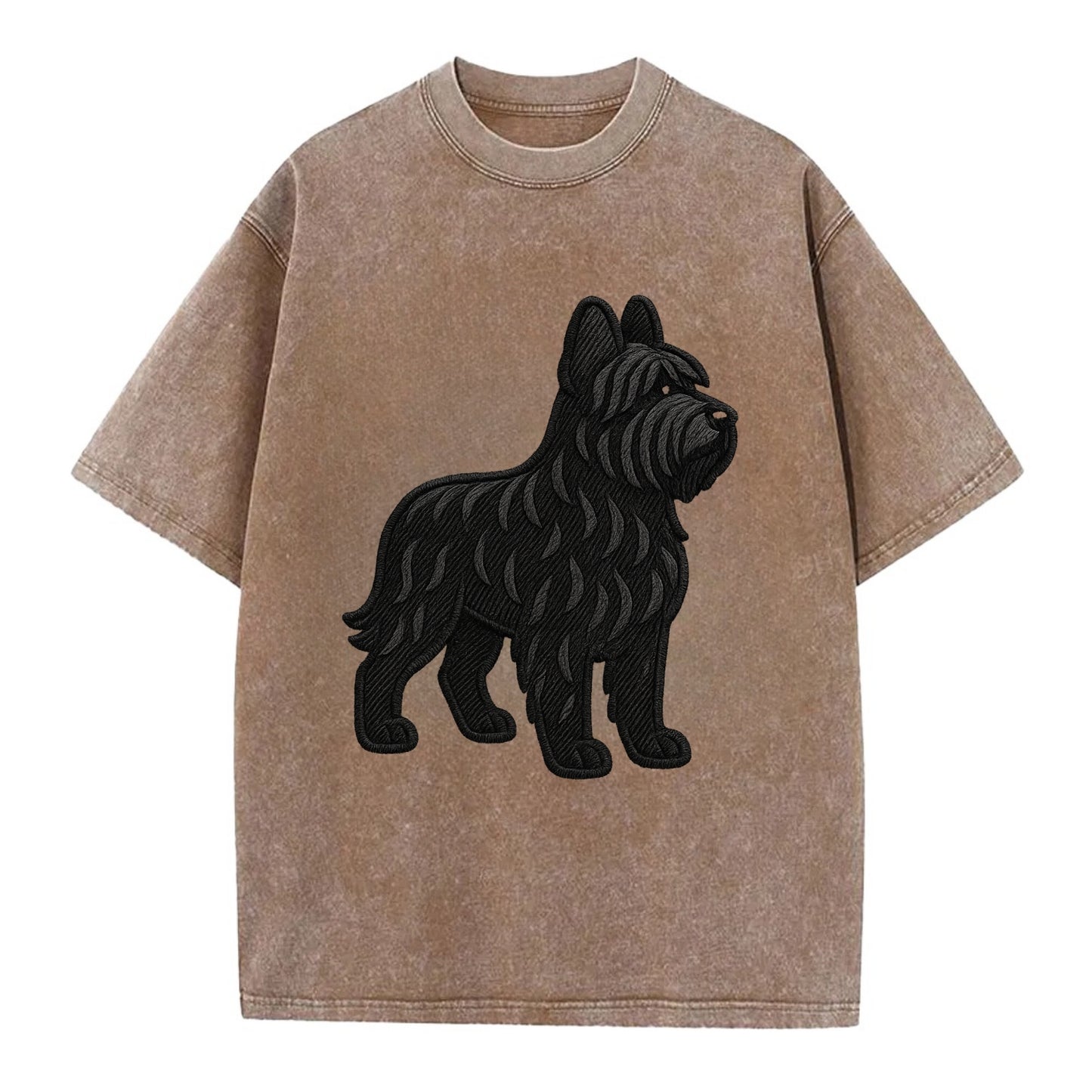 Briard - Black wavy coat embroidered herding pose - Vintage T-shirt - Brown