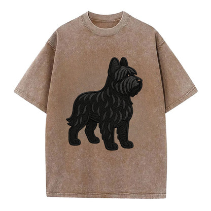 Briard - Black wavy coat embroidered herding pose - Vintage T-shirt - Brown