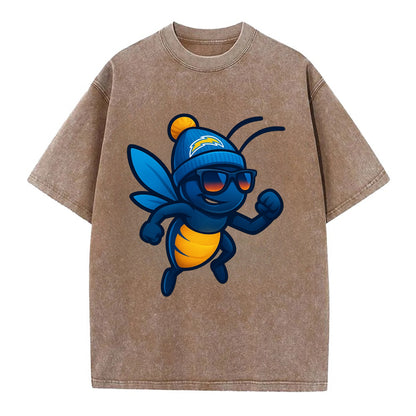 LA Lightning Bug wearing Chargers powder blue and gold beanie with pom pom and - Vintage T-shirt - Brown