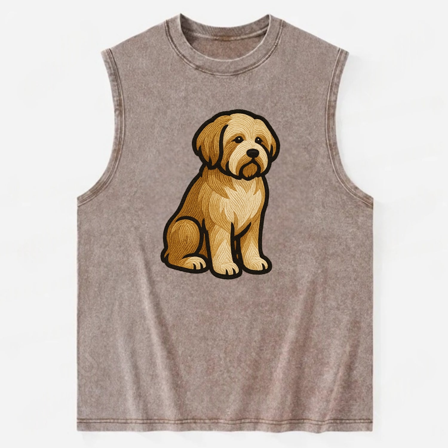 Tibetan Terrier - Gold and white embroidered sitting pose - Vintage Washed Tank - Brown