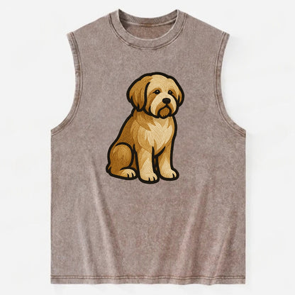 Tibetan Terrier - Gold and white embroidered sitting pose - Vintage Washed Tank - Brown