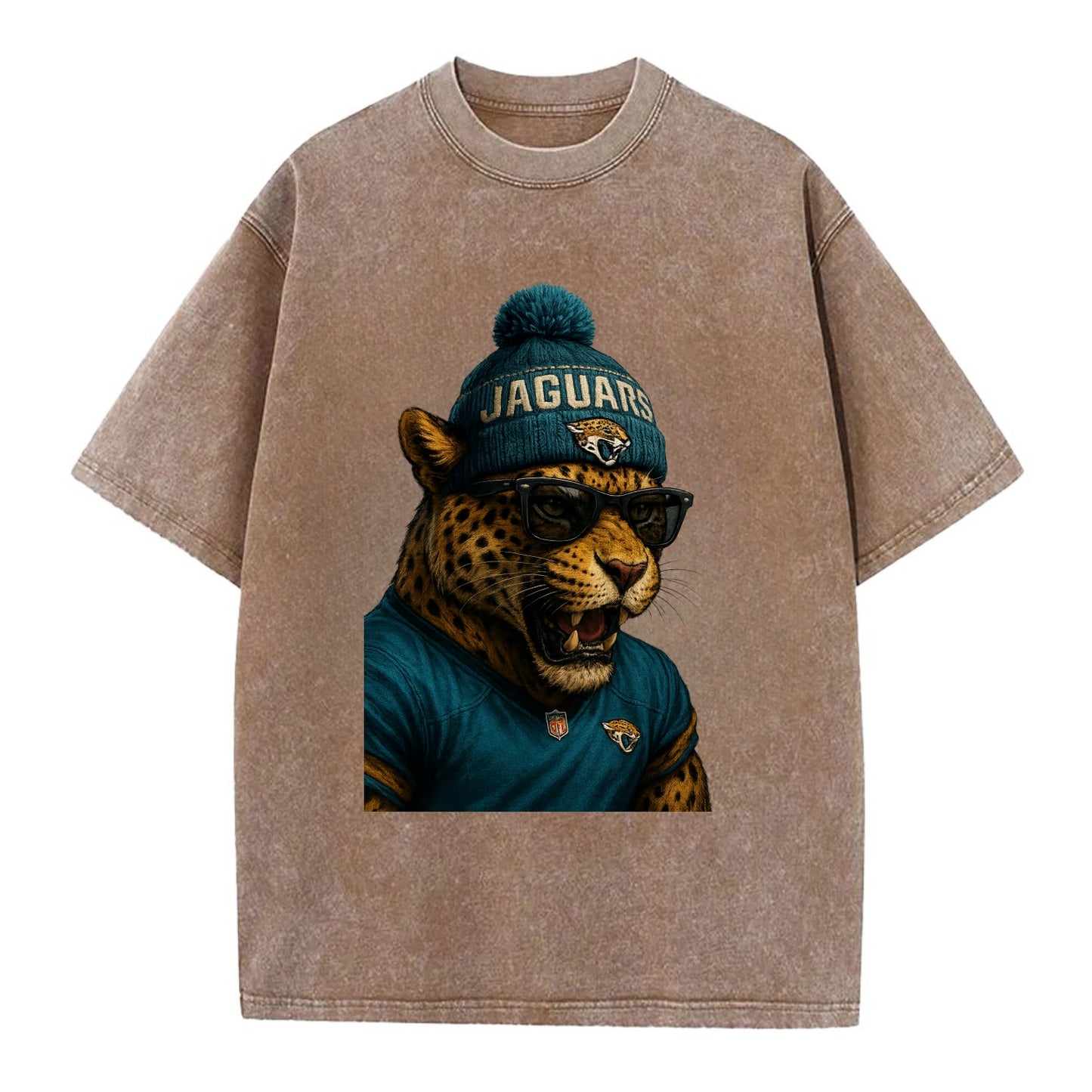 Jacksonville Jaguar wearing Jaguars teal and gold beanie with pom pom and - Vintage T-shirt - Brown