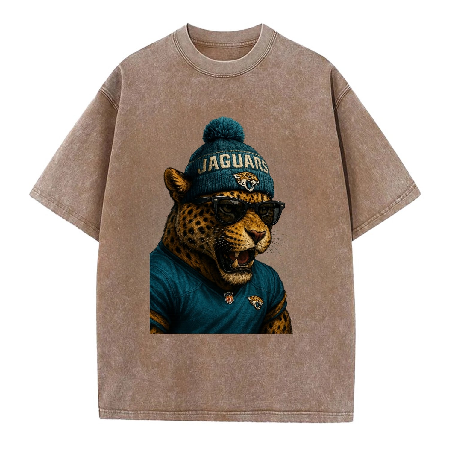 Jacksonville Jaguar wearing Jaguars teal and gold beanie with pom pom and - Vintage T-shirt - Brown
