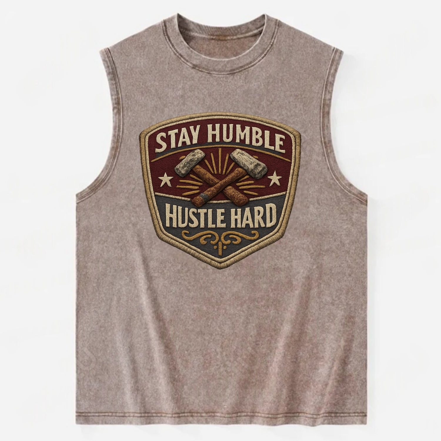 STAY HUMBLE HUSTLE HARD - text in silver , work ethic - Vintage Washed Tank - Brown