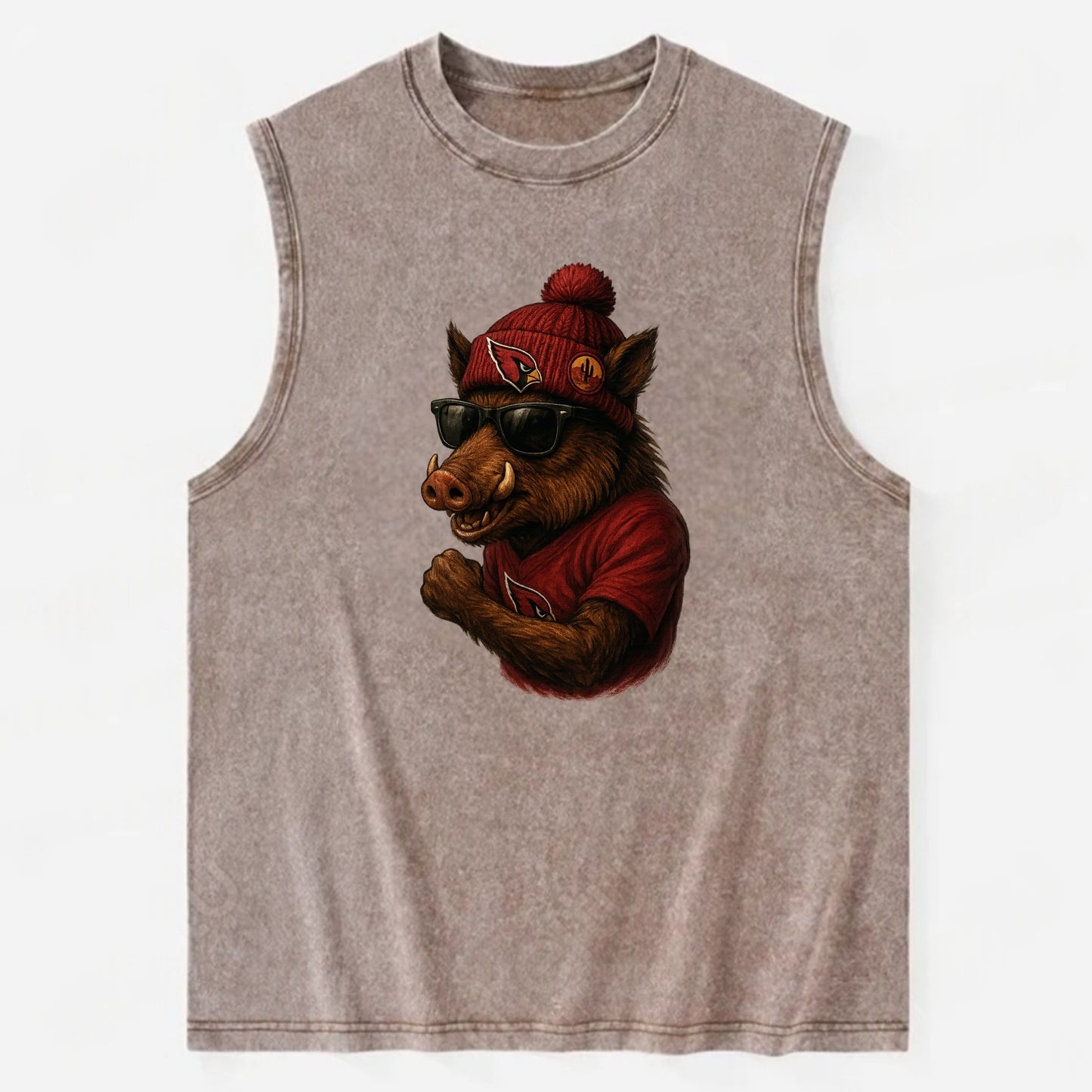 Arizona Javelina wearing Cardinals beanie with desert patch and wayfarer - Vintage Washed Tank - Brown
