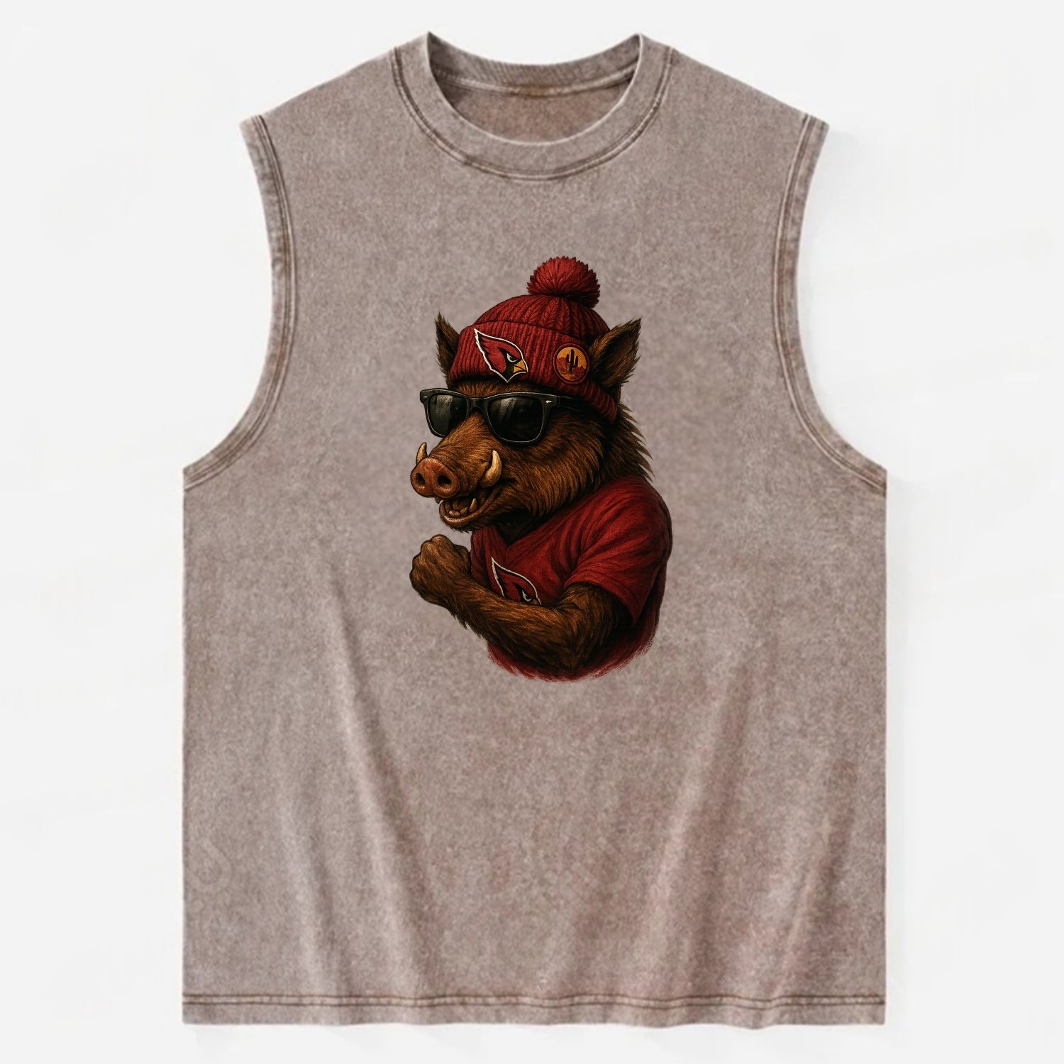 Arizona Javelina wearing Cardinals beanie with desert patch and wayfarer - Vintage Washed Tank - Brown