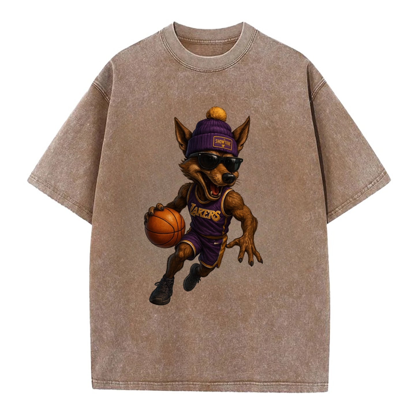 Hollywood Coyote wearing Lakers beanie with Showtime patch and wayfarer sunglasses - Vintage T-shirt - Brown
