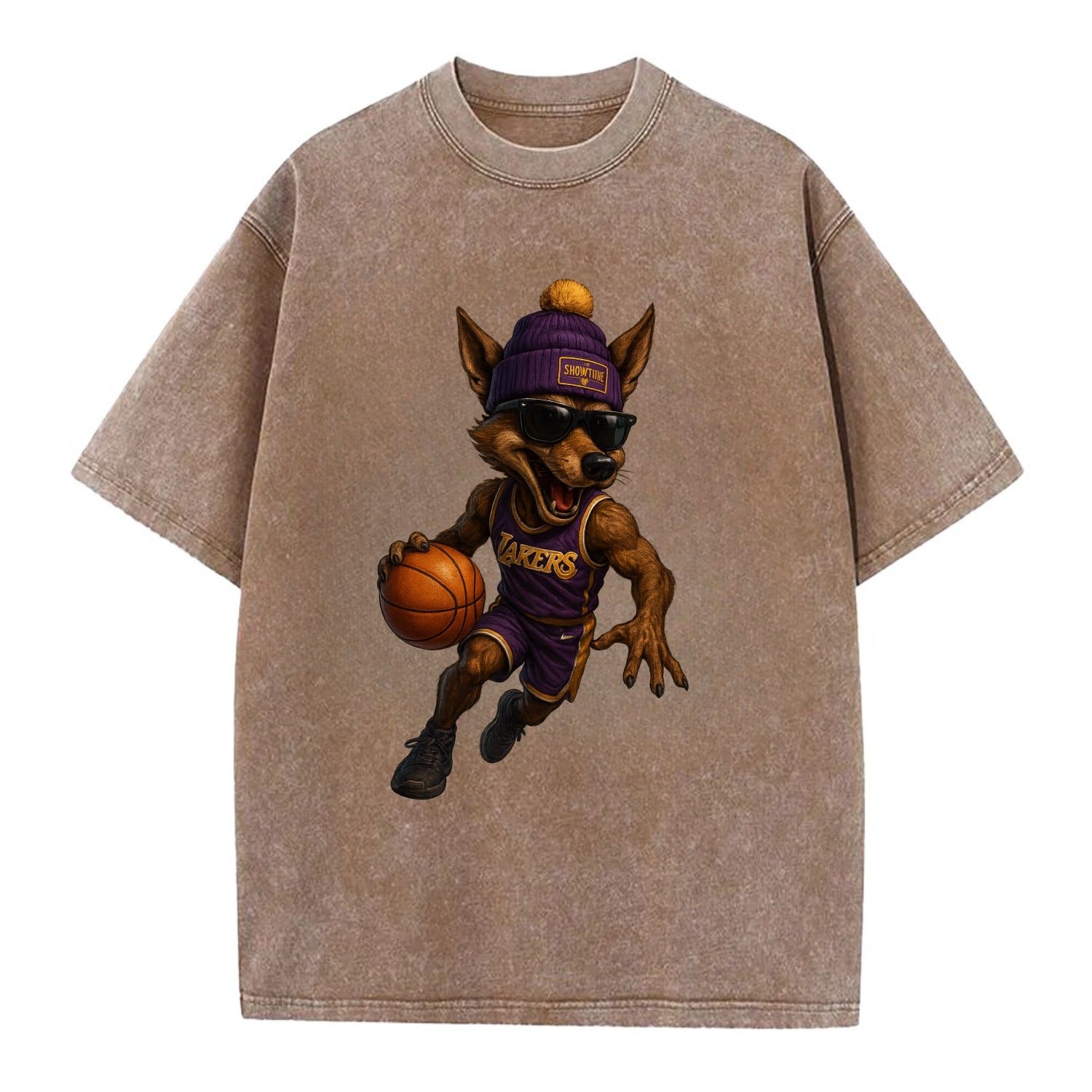 Hollywood Coyote wearing Lakers beanie with Showtime patch and wayfarer sunglasses - Vintage T-shirt - Brown