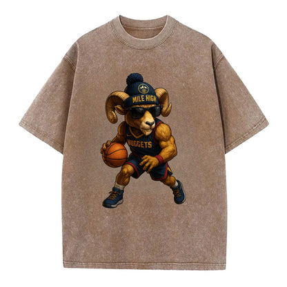 Mile High Bighorn wearing Nuggets beanie with mountain patch and wayfarer - Vintage T-shirt - Brown