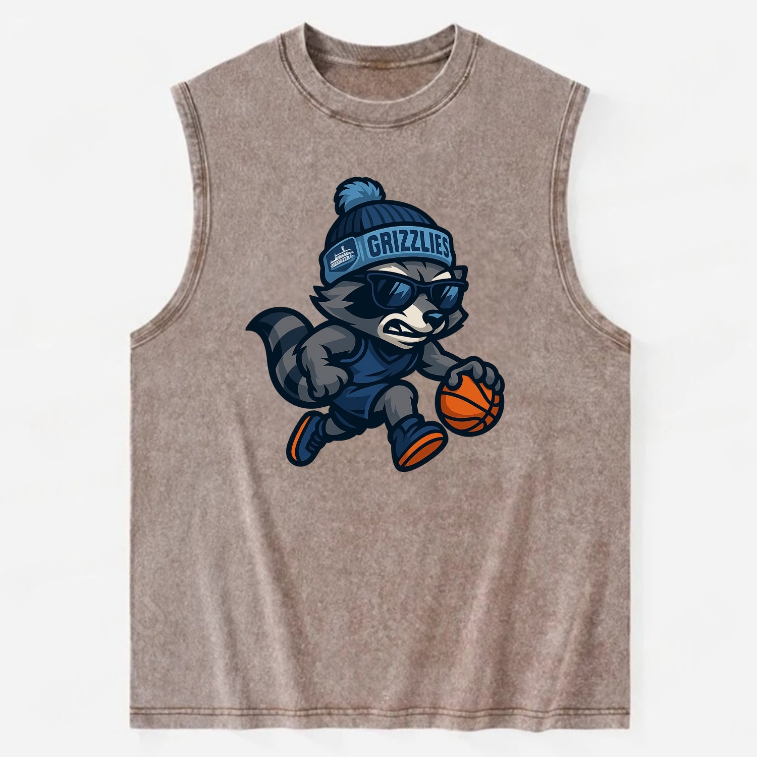 Memphis Raccoon wearing Grizzlies beanie with riverboat patch and wayfarer - Vintage Washed Tank - Brown