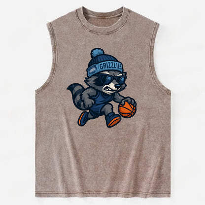 Memphis Raccoon wearing Grizzlies beanie with riverboat patch and wayfarer - Vintage Washed Tank - Brown
