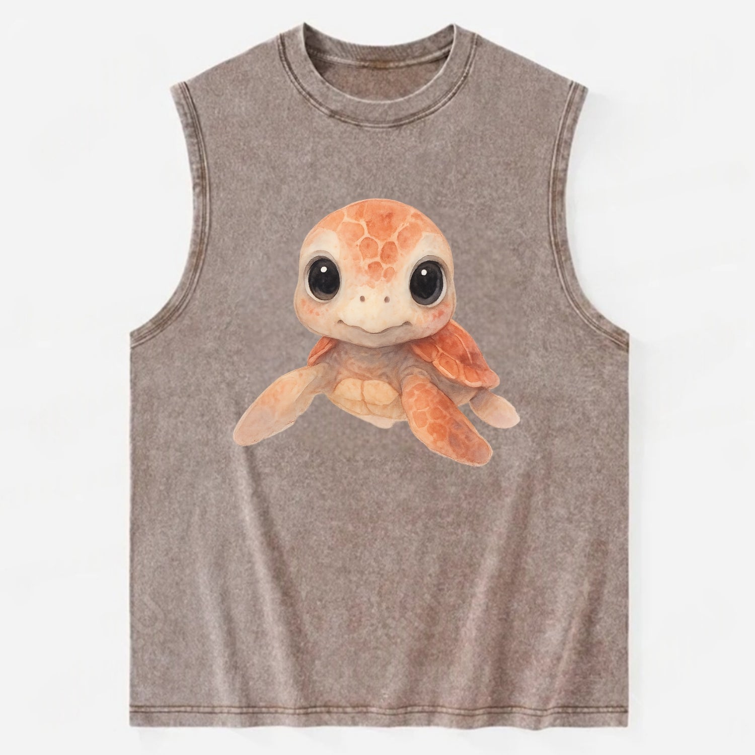 Baby Loggerhead Turtle - reddish-brown shell, big round dark eyes, chunky - Vintage Washed Tank - Brown