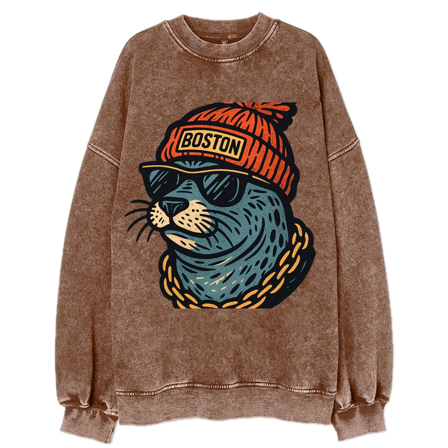 Boston Harbor Seal wearing Boston beanie with pom pom and wayfarer sunglasses - Vintage Sweatshirt - Brown