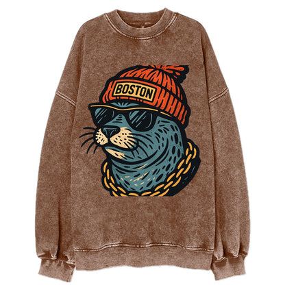 Boston Harbor Seal wearing Boston beanie with pom pom and wayfarer sunglasses - Vintage Sweatshirt - Brown