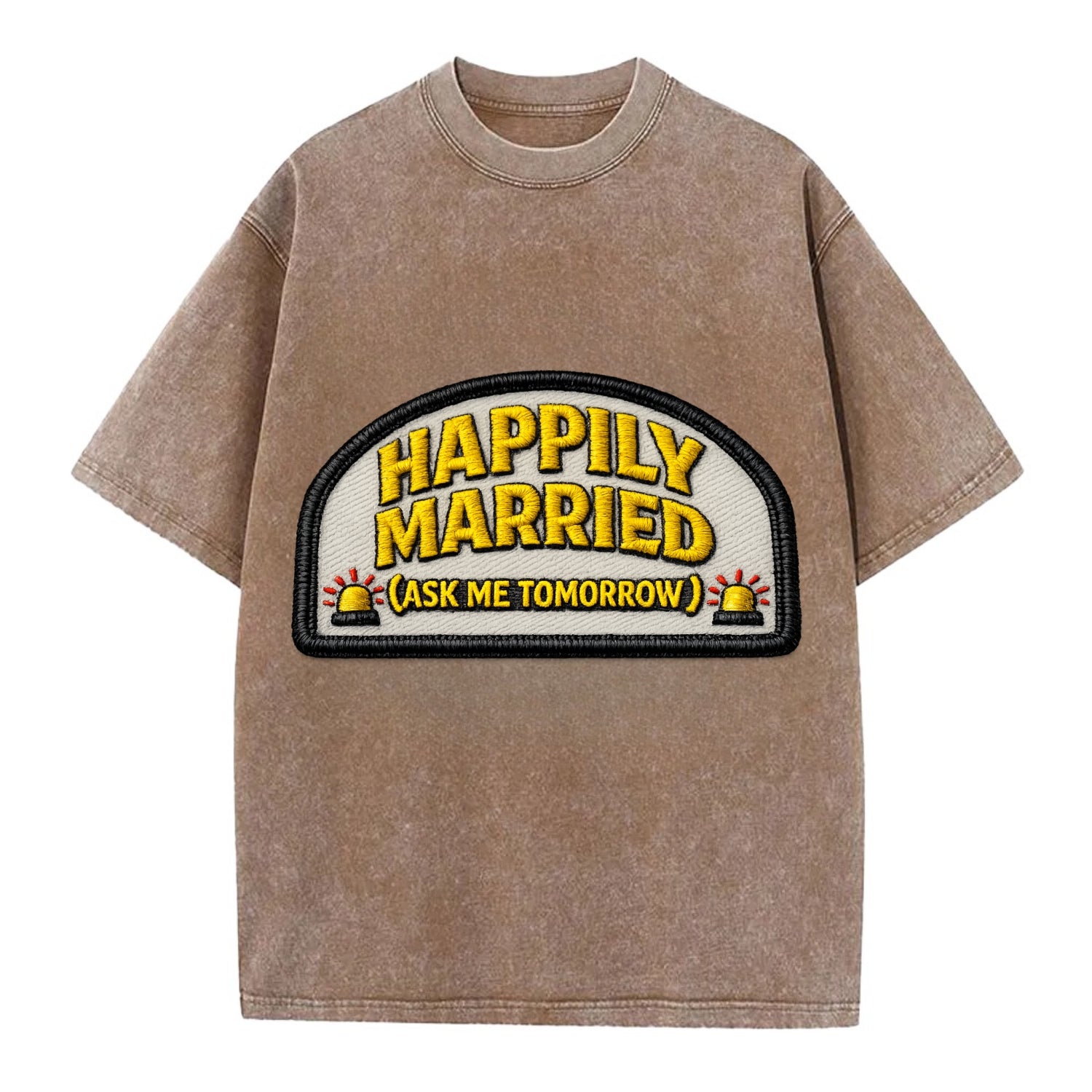 HAPPILY MARRIED  - yellow ask tomorrow - yellow - marital flux - Vintage T-shirt - Brown