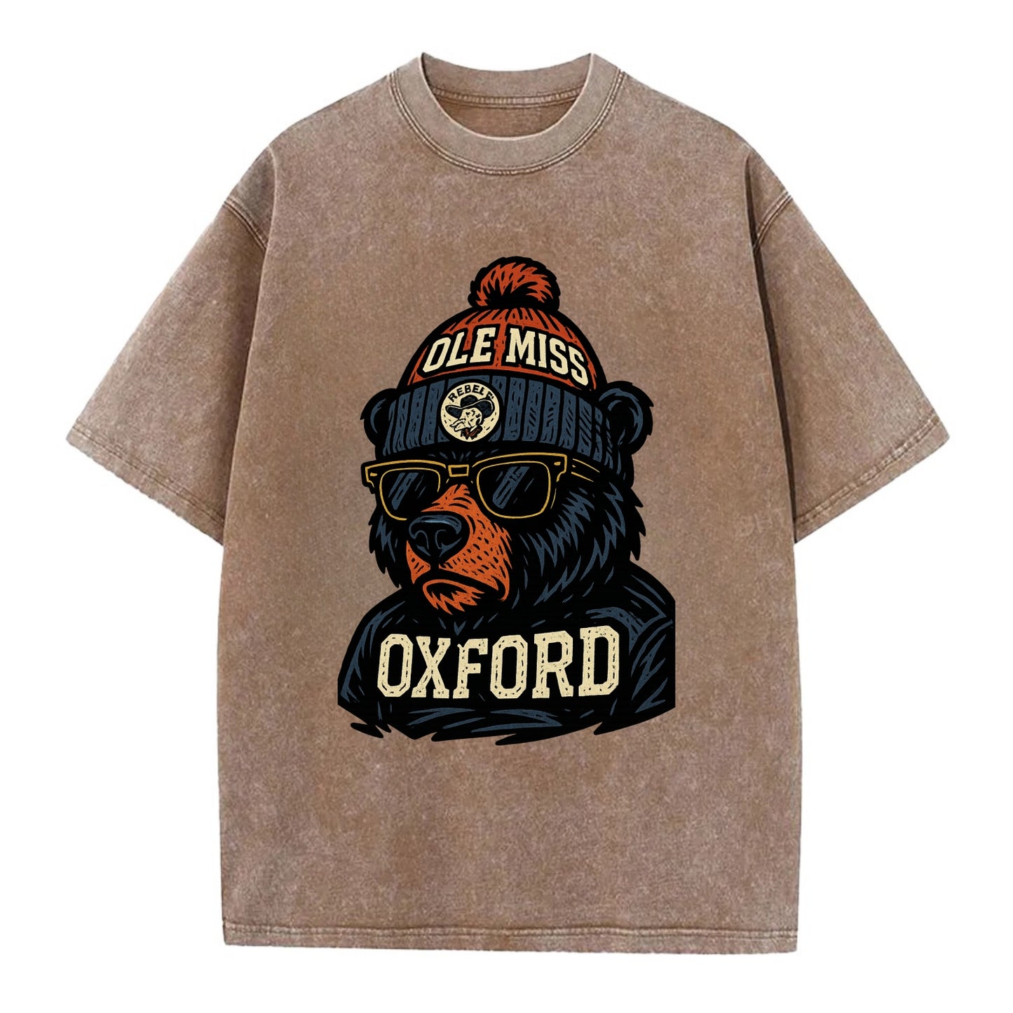 Oxford Black Bear wearing Ole Miss beanie with rebel patch - Vintage T-shirt - Brown