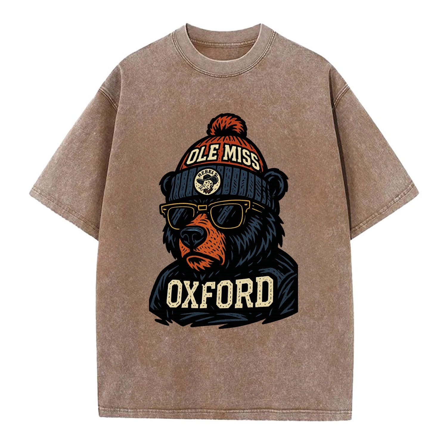 Oxford Black Bear wearing Ole Miss beanie with rebel patch - Vintage T-shirt - Brown