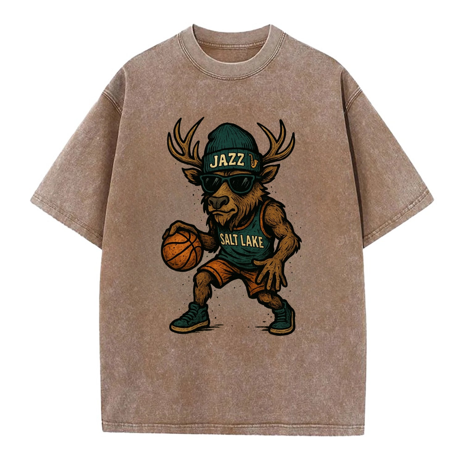 Salt Lake Elk wearing Jazz beanie with saxophone patch and wayfarer sunglasses - Vintage T-shirt - Brown