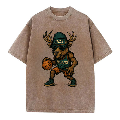 Salt Lake Elk wearing Jazz beanie with saxophone patch and wayfarer sunglasses - Vintage T-shirt - Brown