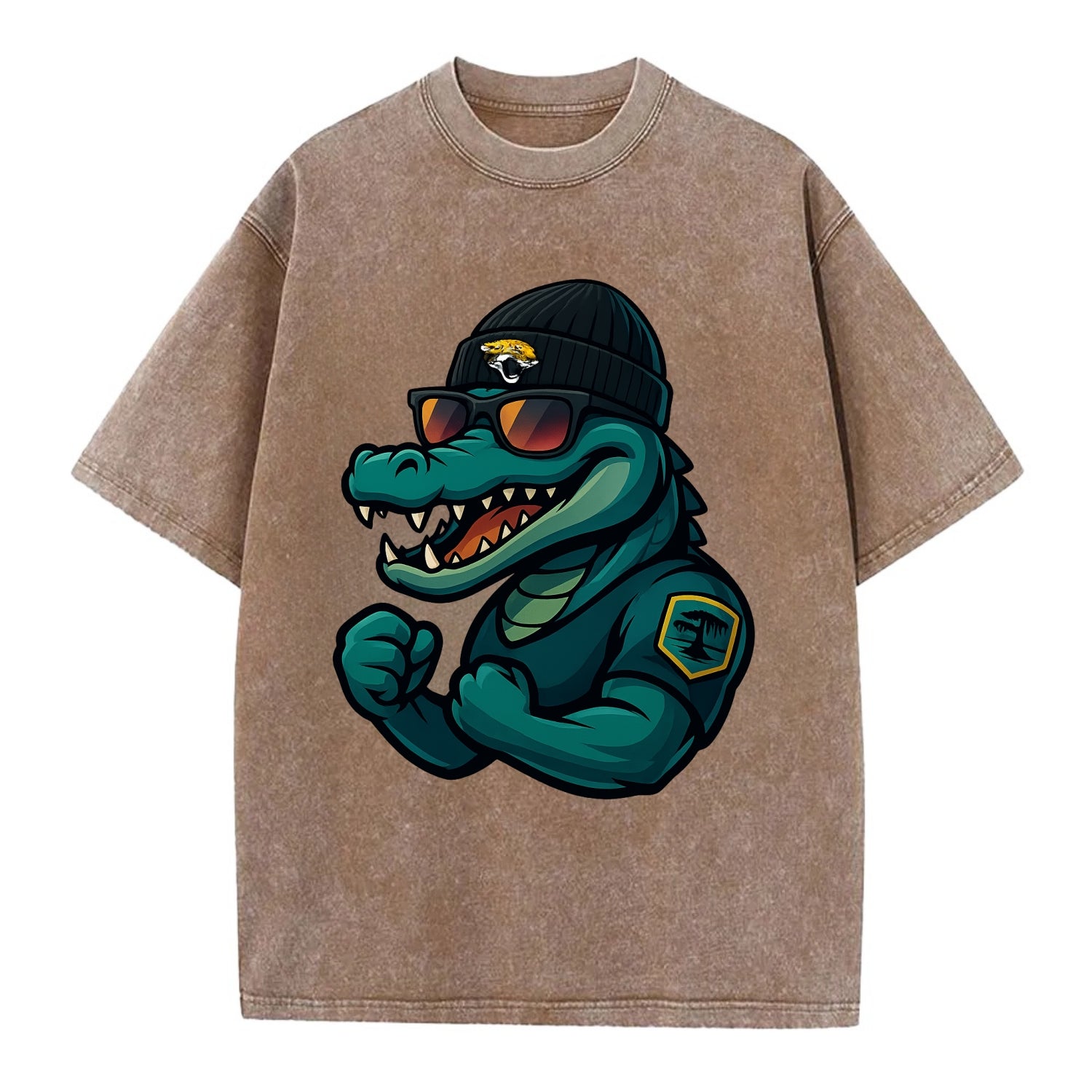 Jacksonville Alligator wearing Jaguars beanie with swamp patch and wayfarer - Vintage T-shirt - Brown