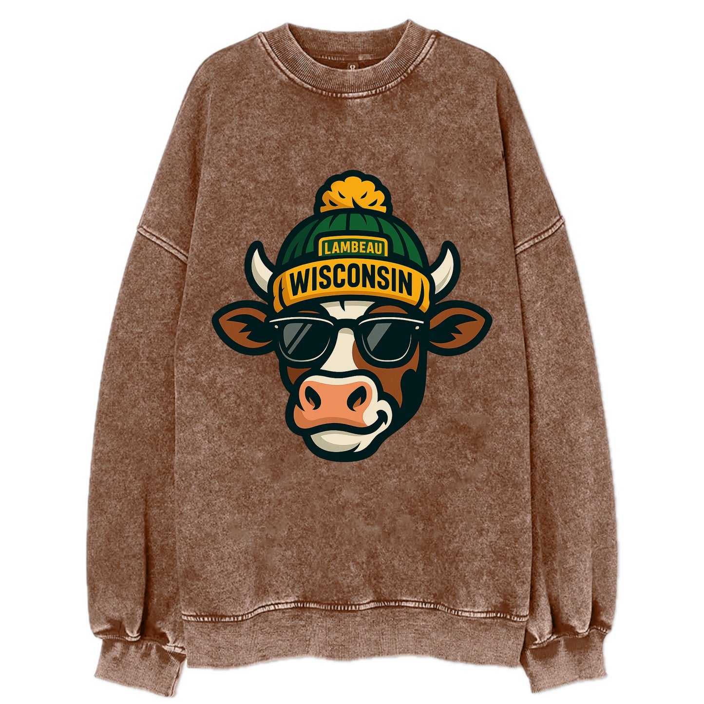 Wisconsin Cow wearing Packers beanie with Lambeau patch and wayfarer sunglasses - Vintage Sweatshirt - Brown