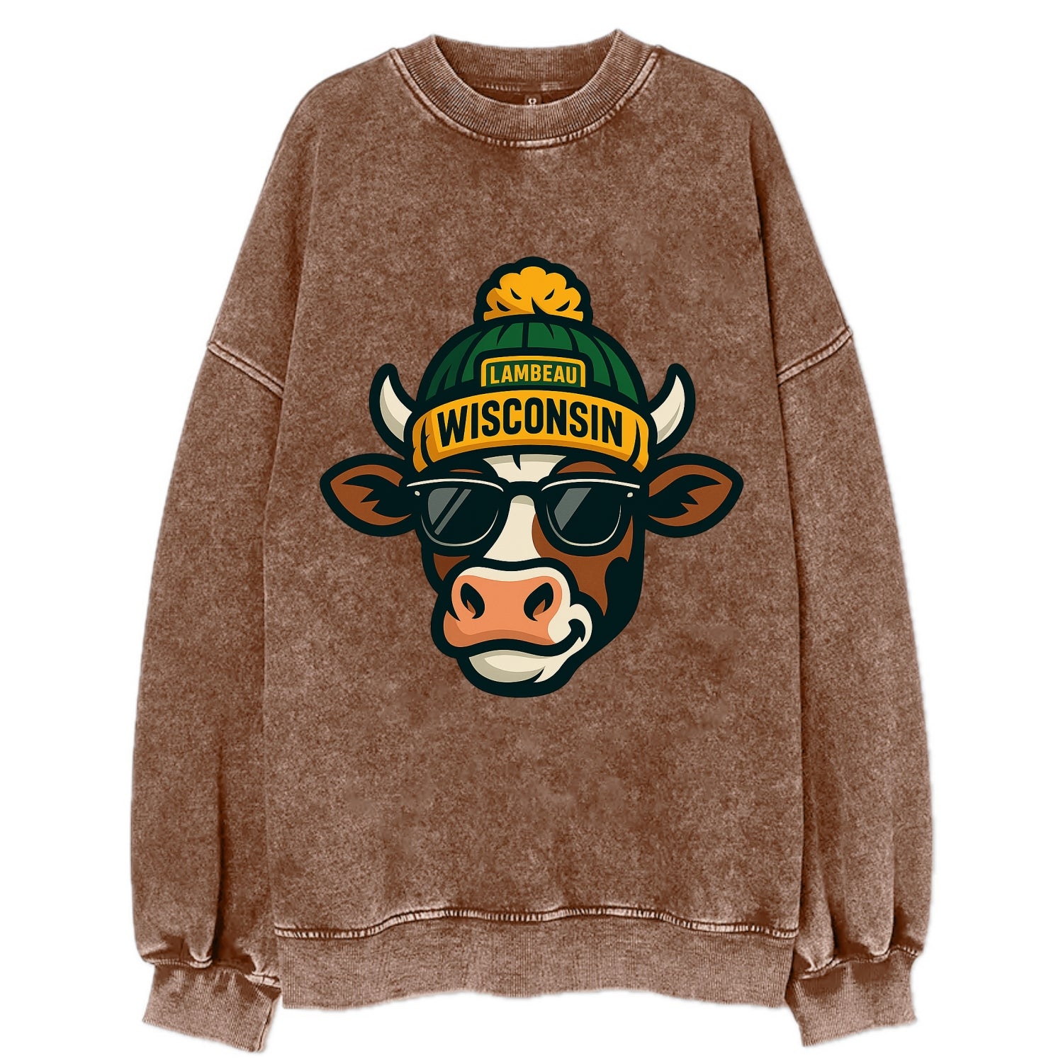 Wisconsin Cow wearing Packers beanie with Lambeau patch and wayfarer sunglasses - Vintage Sweatshirt - Brown