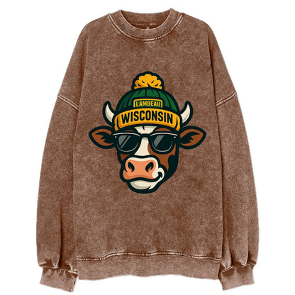 Wisconsin Cow wearing Packers beanie with Lambeau patch and wayfarer sunglasses - Vintage Sweatshirt - Brown