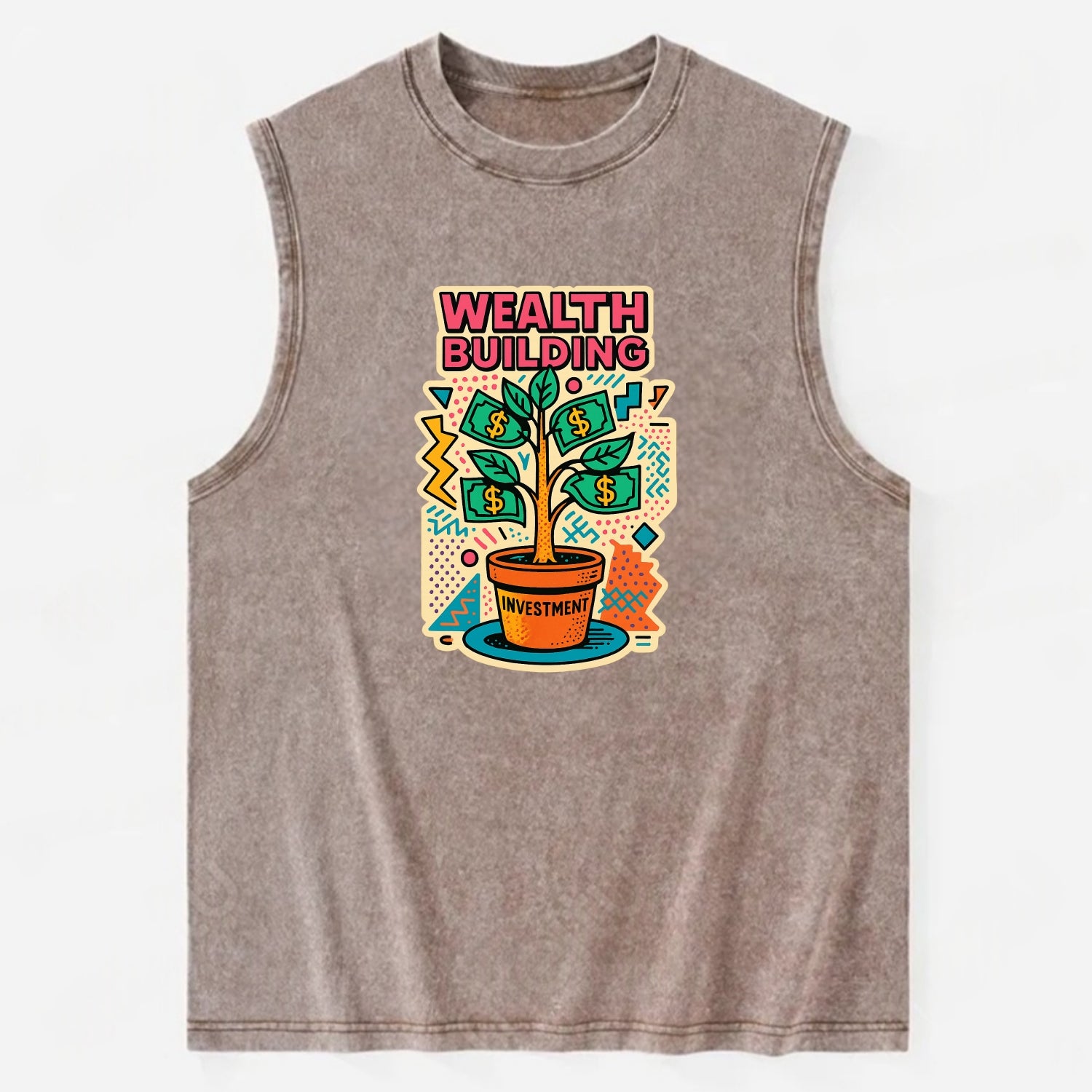 Money tree growing from investment pot - financial independence journey, - Vintage Washed Tank - Brown