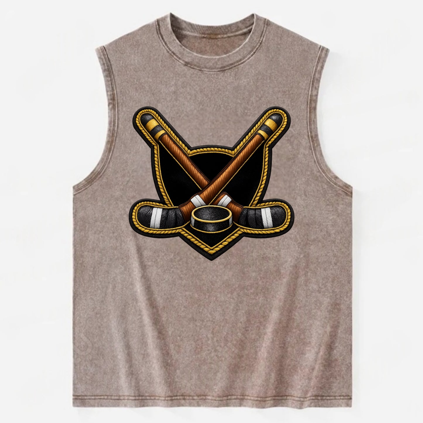 Embroidered patch design - HOCKEY CROSSED STICKS - ice hockey sticks with - Vintage Washed Tank - Brown