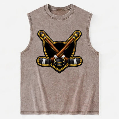 Embroidered patch design - HOCKEY CROSSED STICKS - ice hockey sticks with - Vintage Washed Tank - Brown